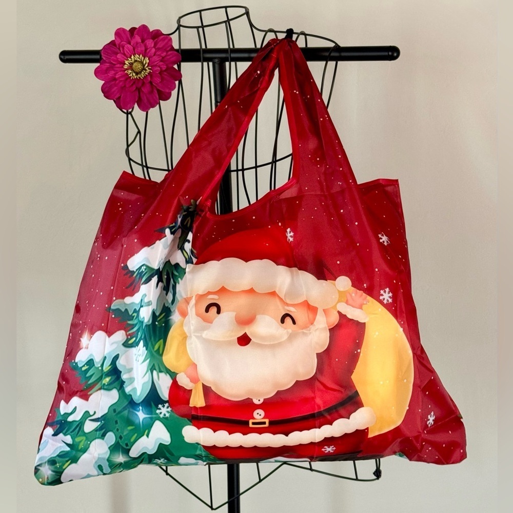 New Large Foldable Christmas Santa Claus Red Nylon Shopping Tote Bag - 23” x 16”